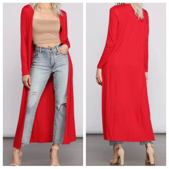 🔥🔥NEW- Long Sleeve Cardigan, Duster in Red - with long length and pockets - Picture 2 of 13